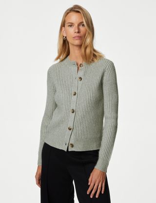 M&S Collection + Knitted Ribbed Crew Neck Cardigan