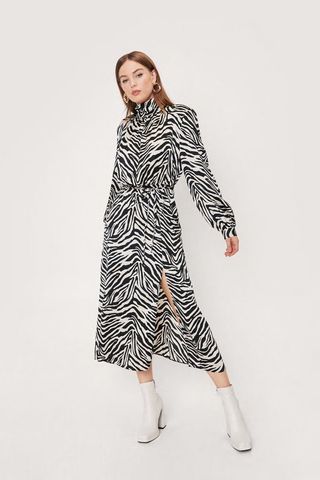 NastyGal + Zebra Print Satin High Neck Midi Dress