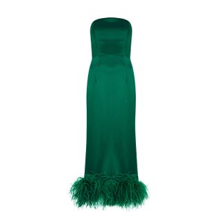 16 Arlington + Minelli Emerald Feather-Trimmed Satin Midi Dress