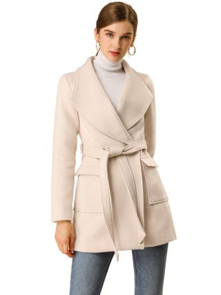 Allegra K + Shawl Collar Lapel Winter Belted Coat With Pockets