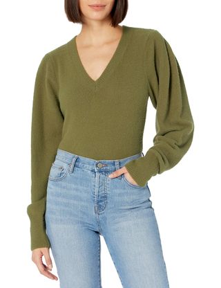 The Drop + Edith Pleated Shoulder V-Neck Sweater