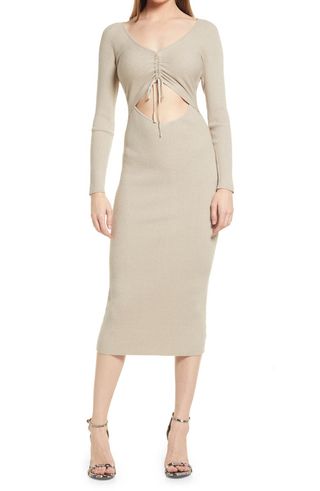 All in Favor + Gathered Front Cutout Long Sleeve Rib Midi Dress