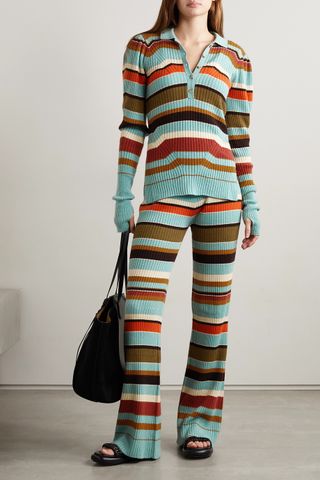 Ulla Johnson + Rochelle Striped Ribbed Wool and Cashmere-Blend Flared Pants