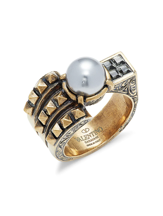 Valentino Garavani + Goldtone, Crystal, Faux Pearl 
Rockstud Antiqued Ring