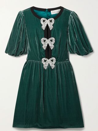 Saloni + Camille Bow-Embellished Crepe-Trimmed Velvet Mini Dress