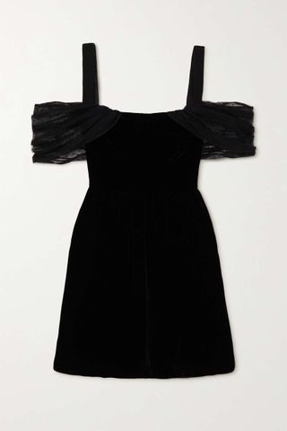 Saloni + Rachel Off-The-Shoulder Tulle-Trimmed Velvet Mini Dress