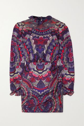 Saloni + Rina-B Ruffled Printed Silk-Jacquard Mini Dress