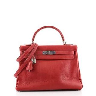 Hermès + Pre-Owned Kelly Handbag Rouge Vif Clemence With Palladium Hardware 32