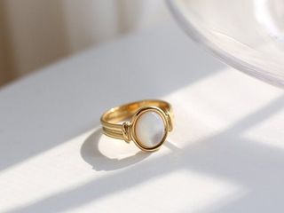 Etsy + Flat Oval Ring Gold Filled Genuine Mother of Pearl Gemstone