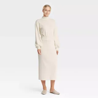 Who What Wear x Target + Knit Long Sleeve Dress in Cream