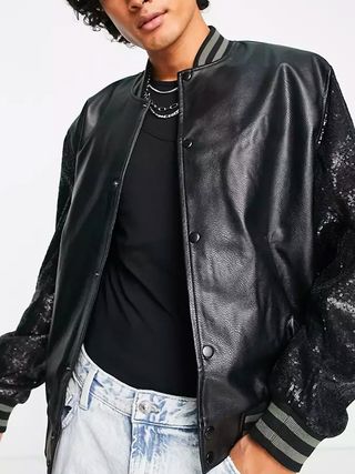 ASOS Design + Faux Leather Party Bomber Jacket with Sequin Sleeve Details in Black