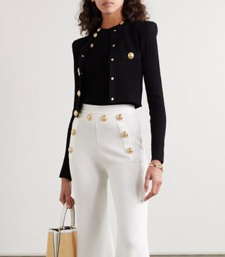 Balmain + Cropped Button-Embellished Jacquard-Knit Blazer