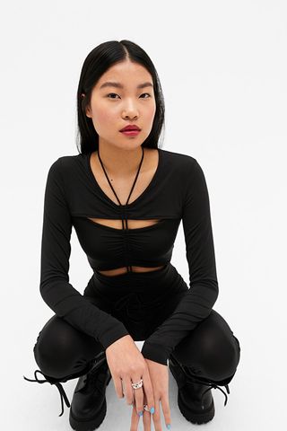 Monki + Black Top With Ruched Front and Cut Outs