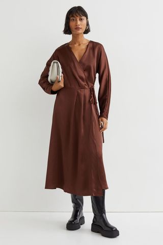 H&M + Long Satin Wrap-Front Dress