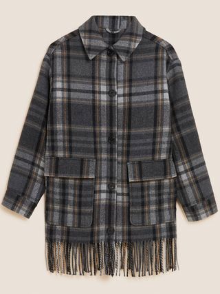 M&S Collection + Checked Fringed Shacket With Wool