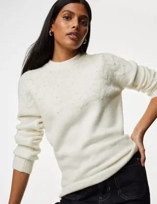 M&S Collection + Embellished Pointelle Crew Neck Jumper