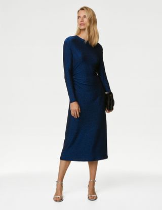 M&S Collection + Metallic Ruched Midi Bodycon Dress