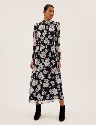 Marks and Spencer + Floral High Neck Midi Waisted Dress
