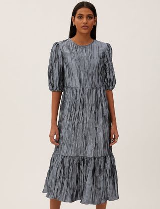 Marks and Spencer + Textured Puff Sleeve Midi Tiered Dress