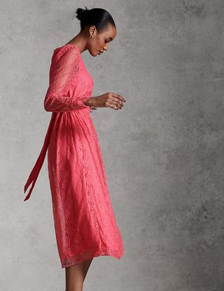 M&S x Ghost + Lace Puff Sleeve Midi Tea Dress