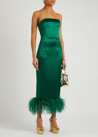 16Arlington + Minelli Emerald Feather-Trimmed Satin Midi Dress