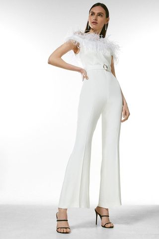 Karen Millen + Viscose Satin Crepe Feather Bandeau Jumpsuit