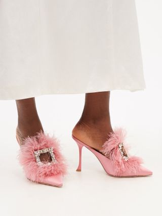 Roger Vivier + Crystal-Buckle Feathered Satin Mules