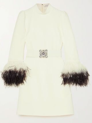Andrew Gn + Feather-Trimmed Crystal-Embellished Belted Crepe Mini Dress