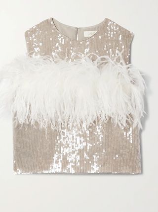 La Pointe + Feather-Trimmed Sequined Georgette Tnk