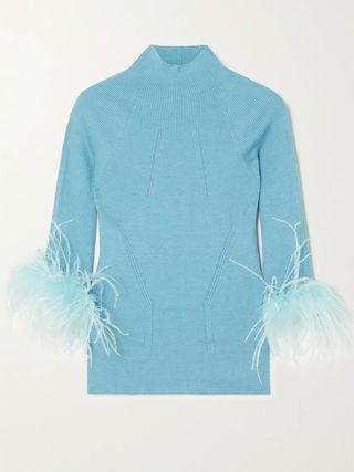 Lanvin + Feather-Trimmed Ribbed Wool and Cashmere-Blend Sweater