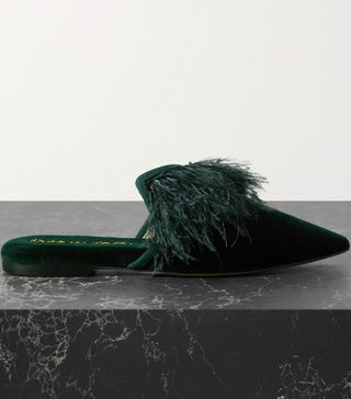 Olivia von Halle + Contessa Feather-Trimmed Velvet Slippers