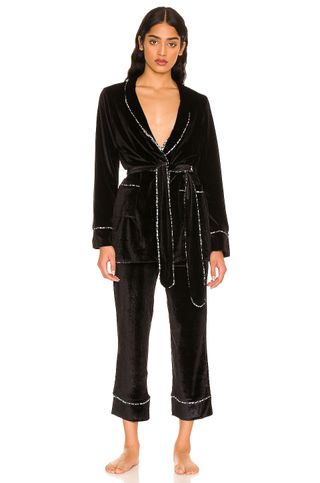 Plush + Velvet Wrap Jacket and Cropped Pant Pajama Set in Black & Black Star Piping and Lining