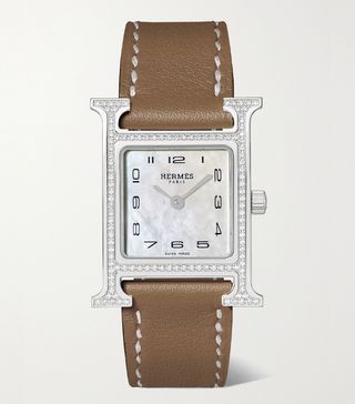 Hermès Timepieces + Heure H 21mm small stainless steel, leather, diamond and mother-of-pearl watch