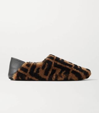 Fendi + Leather-Trimmed Logo-Print Shearling Collapsible-Heel Slippers