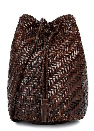Dragon Diffusion + Pompom Double Jump Woven Leather Bucket Bag