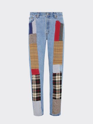 Fanfare Label + High Waisted Recycled Fully Patchwork Jeans, Blue Denim