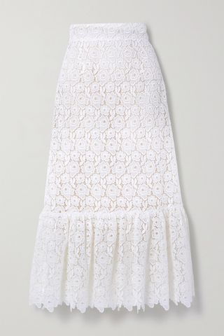 Miu Miu + Ruffled Cotton-Blend Guipure Lace Midi Skirt