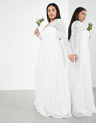 ASOS + Curve Penny V-Neck Lace Wedding Dress in Ivory