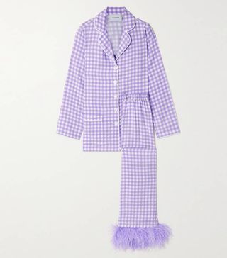 Sleeper + Feather-Trimmed Gingham Crepe De Chine Pajama Set