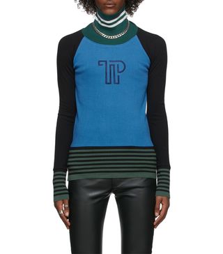 Theophilio + Blue Ribbed Jersey Turtleneck