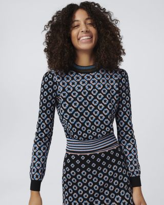 Diane Von Furstenberg + Iggy Knit Sweater in Blue Geo Chain