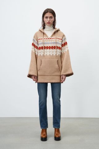 Zara + Wool Blend Jacquard Poncho