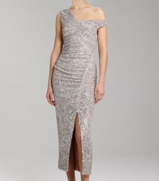 Self-Portrait + Sequin Gathered Asymmetric Midi Dress