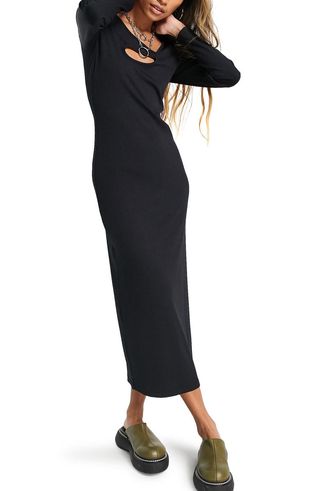 Topshop + Asymmetric Rib Long Sleeve Cutout Midi Dress