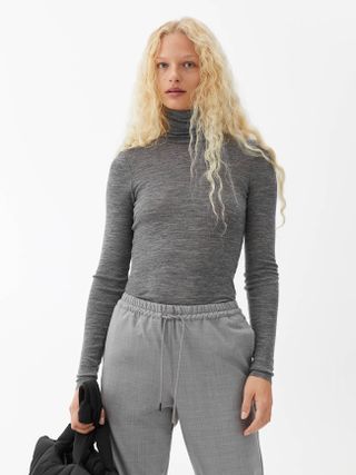 Arket + Sheer Merino Wool Roll-Neck in Grey