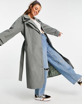 ASOS + Double Layer Trench Coat in Charcoal