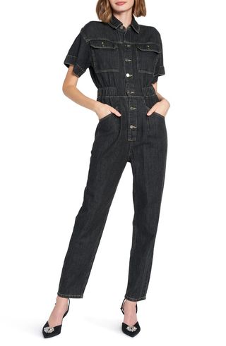 En Saison + Short Sleeve Cotton Denim Jumpsuit