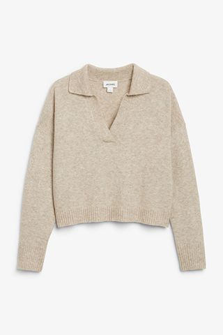 Monki + Greige Marl Soft Knit Polo Top