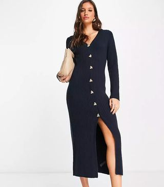 Asos Design + Knitted Rib Midi Dress With Button Through in Navy