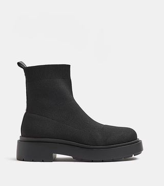 River Island + Black Knitted Chunky Ankle Boots